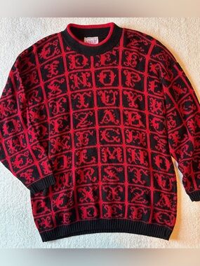 Vintage Adele Knitwear Alphabet Cursive Print Sweater, women’s large. Red Black